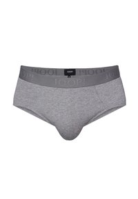 Slip pour hommes gris avec une large ceinture arborant le logo "JOOP!" en relief et une étiquette noire centrale portant l'inscription "JOOP! M."