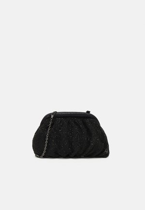 Black beaded clutch bag with pleated design, silver chain strap, rounded shape, and glossy frame. Suitable for evening wear.