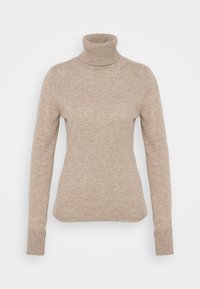 Beige Rollkragenpullover aus weichem Strickmaterial. Verfügt über lange Ärmel, gerippte Bündchen und einen eng anliegenden Kragen. Glatte Oberfläche überall.