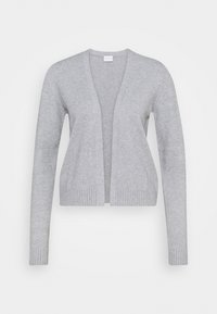 Grå stickad kavaj med öppen framsida, långa ärmar, ribbade ärmslut och nederkant, tillverkad av mjukt, lätt tyg.