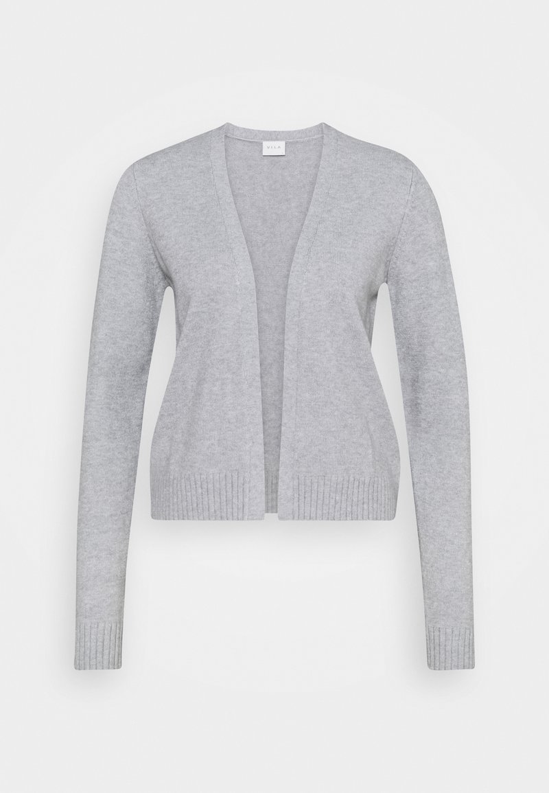 Grå stickad kavaj med öppen framsida, långa ärmar, ribbade ärmslut och nederkant, tillverkad av mjukt, lätt tyg.