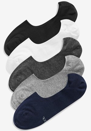 Set of five no-show socks in black, white, dark gray, light gray, and navy. Soft, thin knit material with a low-cut design.