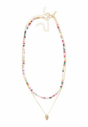 Doppelreihige Halskette mit einer Reihe aus kleinen, mehrfarbigen Perlen und einer dünnen goldenen Kette mit einem goldenen Herzanhänger.