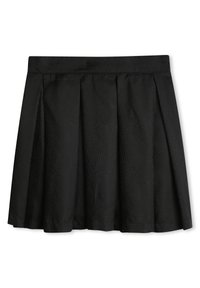 Czarna plisowana spódnica z delikatnym geometrycznym wzorem i szerokim pasem na białym tle.