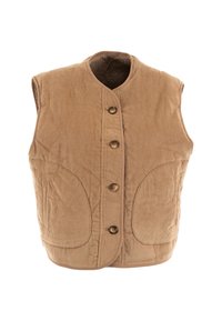 Gilet smanicato marrone trapuntato con texture in velluto a coste, scollatura tonda, quattro bottoni frontali e due grandi tasche frontali.