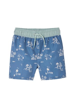 Blue swim trunks with light green elastic waistband and drawstring, featuring white tropical island and palm tree pattern.