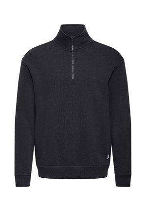 Schwarzer Pullover mit langen Ärmeln, Stehkragen und halbem Reißverschluss vorne, mit gerippten Bündchen und Saum.