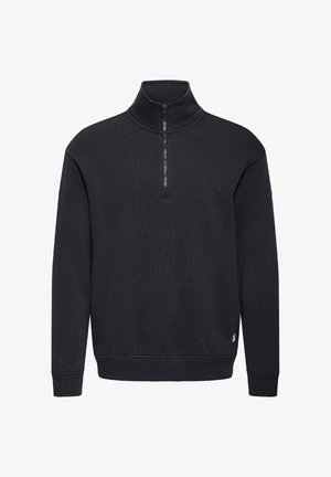 Melns garroku pulovers ar stāvapkaklīti un puszipa priekšējo aizdari, ar ribotām aprocēm un apakšmali.