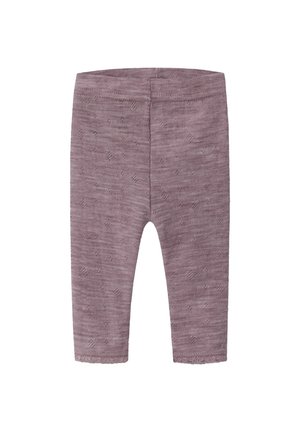 Lilla strikkede leggings med et tekstureret mønster, der har et tætsiddende design og bølget kant. Blødt materiale med let stretch.