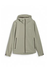 Light gray hooded jacket with front zipper and two zippered side pockets, designed for outdoor wear.