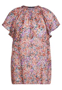 Blumenbluse aus leichtem, transparentem Material mit Mustern in Orange, Lila und Schwarz; kurze, schwingende Ärmel; geraffter Ausschnitt.