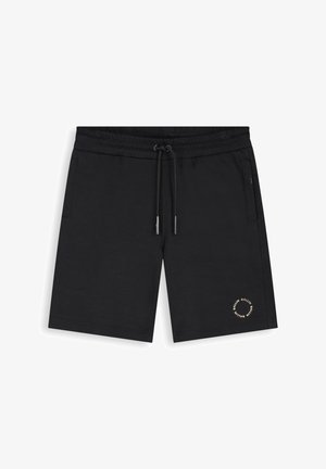 Zwarte short met trekkoord, twee zijzakken en een klein rond logo bij de onderzoom van het rechterbeen.