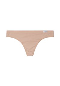 Nude stringtrosor i mjukt tyg, med en tunn midjeband och minimal täckning. Inkluderar en liten varumärkesetikett på sidan.