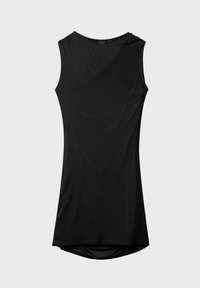 Haut sans manches noir au toucher lisse et extensible. Présente un ourlet courbé et un motif de drapé subtil. Design simple et minimaliste.