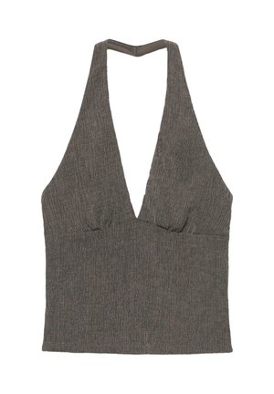 Šedý textúrovaný top bez rukávov s hlbokým výstrihom do V a nariasenou látkou pod prsiami, navrhnutý na bežné nosenie.