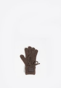 Guantes de lana marrones con cinco dedos, que cuentan con una textura de punto y un lazo en el puño. Una etiqueta rectangular dice "Bimba Y Lola."