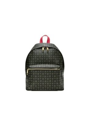 Zaino nero con motivo e hardware dorato, dotato di un manico rosa. Presenta una grande tasca principale e una tasca frontale con zip.