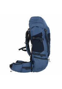 Blauwe wandelrugzak met verstelbare banden, zijvakken en een gevoerde achterkant. Bevat een groot hoofdcompartiment en duurzaam materiaal.