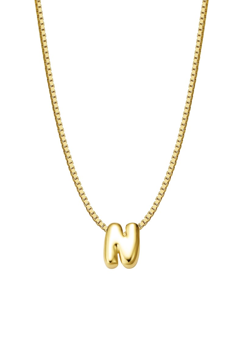 Zelta ķēdīte ar gludu, noapaļotu burta "N" piekariņu. Ķēdīte ir ar kvadrātveida saitēm, kas uzlabo kopējo dizainu un tekstūru.