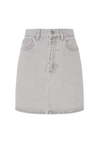 Pelēks denim mini svārks ar pieguļošu jostas daļu, vienu priekšējo pogu un diviem priekšējiem kabatām. Iezīmē klasisku apakšmalu un smalku faktūru.