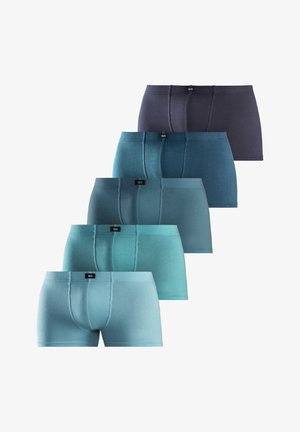 Fem par boxerne i forskellige nuancer af blå, lavet af blødt stof, med et klassisk design og elastiske taljebånd.