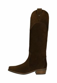 Brązowy zamszowy kozak sięgający kolan z szpiczastym noskiem i wygiętym szczytem. Posiada akcenty w postaci przeszyć oraz podwyższoną podeszwę dla wsparcia.