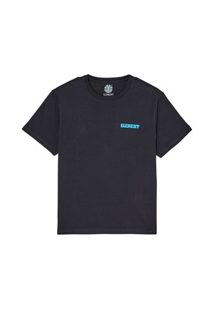 Schwarzes kurzärmeliges T-Shirt mit Rundhalsausschnitt und kleinem blauem "ELEMENT" Textlogo auf der linken Brust.