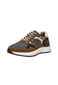 Bruine suède en mesh sneaker met zwarte accenten, witte veters en een gevoerd kraagje. Beschikt over een gevoerde zool en contrasterende ontwerpelementen.