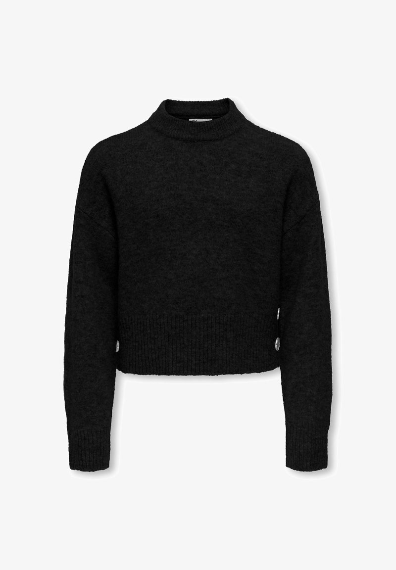 Pull court noir en maille duveteuse avec manches longues, col montant, ourlet et poignets côtelés, avec de petits boutons sur les côtés.