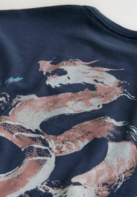 Tumesinist kangast, millel on suur stiliseeritud draakonimotiiv beeži, roosa ja valge toonides.