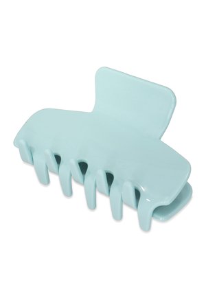 Lichtblauwe haarklauw van plastic, met een glad oppervlak, brede opening en zes grip tanden voor een veilige grip.