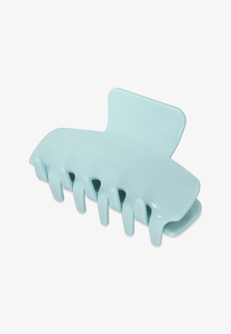 Fermaglio per capelli azzurro chiaro in plastica, con una superficie liscia, ampia apertura e sei denti di presa per una tenuta sicura.