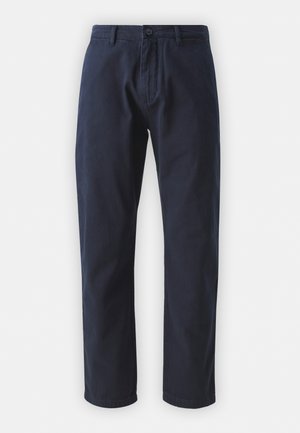 Navy blue cotton trousers with a straight leg cut, a front button closure, and belt loops. Smooth texture and minimal design.