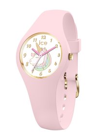 Montre en silicone rose avec un cadran blanc rond, ornée d'une illustration de licorne, d'accents dorés, et d'aiguilles des heures et des minutes roses.