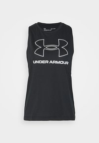 Zwarte mouwloze sporttanktop met een ronde hals, voorzien van een wit Under Armour-logo en tekst op de voorkant. Strakke stoftextuur.