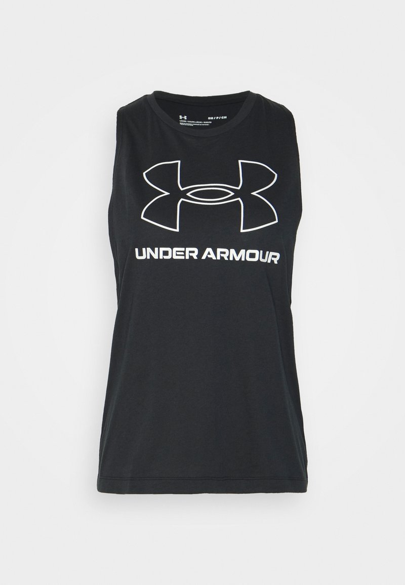 Zwarte mouwloze sporttanktop met een ronde hals, voorzien van een wit Under Armour-logo en tekst op de voorkant. Strakke stoftextuur.