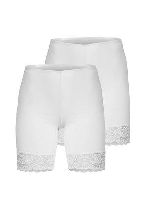 Two pairs of white women's shorts with wide lace trim at the hem, shown front and back view on a white background.