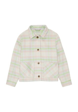 Biała krótka kurtka z zielonymi i różowymi kratkowymi liniami, zapięcie na guziki, duże przednie kieszenie i klasyczny kołnierz.