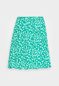 Saia verde com um cós com franzido, apresentando um padrão floral de margaridas brancas. Feita de um tecido com uma textura leve, design de comprimento médio.