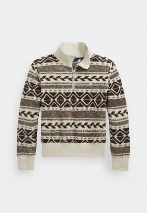 Gestrickter Pullover mit halbhohem Reißverschlusskragen, cremebraunem geometrischem Muster, weicher Textur sowie gerippten Bündchen und Saum.