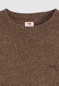 Brown knitted sweater with a ribbed crew neckline, featuring a speckled pattern and a small Levis logo on the front.