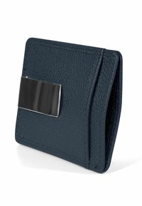 donkerblauwe leren portemonnee met een gestructureerd oppervlak, rechthoekige vorm en een glanzend zilveren metalen accent aan de voorkant voor sluiting.