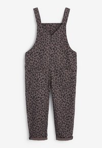 Donkerbruin overalls met zwart luipaardprint, voorzien van verstelbare banden, een V-hals en voorzakken. Geleefd zoom aan de onderkant.