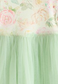 Stof met een pastel bloemenprint top en aangehechte lichtgroene transparante tule rok of overlay, samengebonden in de taille.
