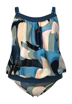 Bañador de dos piezas para mujer con un diseño suelto y abstracto de pinceladas en azul, beige y negro, con tirantes ajustables.