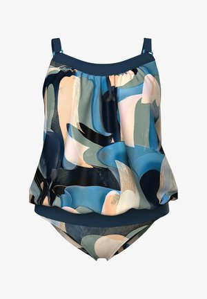 Bañador de dos piezas para mujer con un diseño suelto y abstracto de pinceladas en azul, beige y negro, con tirantes ajustables.