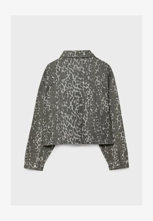 Gekürzte graue Jacke mit einem schwarzen Leopardenmuster. Sie verfügt über einen Kragen, lange Ärmel und Knopfakzente an den Ärmelbündchen.