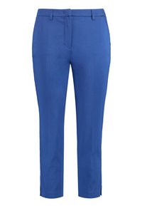 Modré kalhoty na míru vyrobené z hladké tkaniny. Mají plochý přední díl, slim fit a jemné boční rozparky na lemu pro přidaný detail.