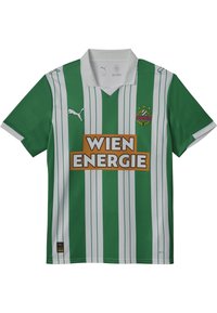 Maglia sportiva a righe verdi e bianche con scollatura a V, caratterizzata da un logo centrale che recita "WIEN ENERGIE" in arancione e il marchio PUMA.