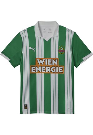 Grün-weiß gestreiftes Sporttrikot mit V-Ausschnitt, das ein zentrales Logo mit der Aufschrift "WIEN ENERGIE" in Orange und PUMA-Branding zeigt.